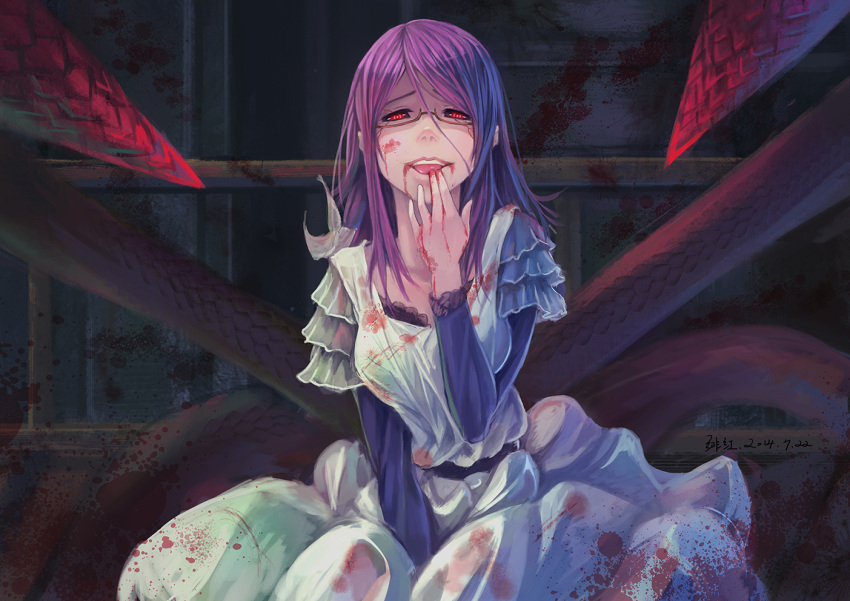 1girl black_sclera blood blood_on_face bloody_clothes dated dress feihong glasses hand_to_own_mouth kamishiro_rize long_hair looking_at_viewer purple_hair red-framed_glasses red_eyes semi-rimless_glasses signature solo tentacles tokyo_ghoul under-rim_glasses