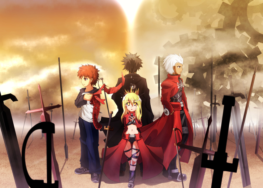 1girl archer black_hair blue_pants dress emiya_kiritsugu emiya_shirou fate/kaleid_liner_prisma_illya fate/stay_night fate/zero fate_(series) formal illyasviel_von_einzbern jacket long_hair multiple_boys plate red_eyes red_jacket redhead suit sword weapon white_hair