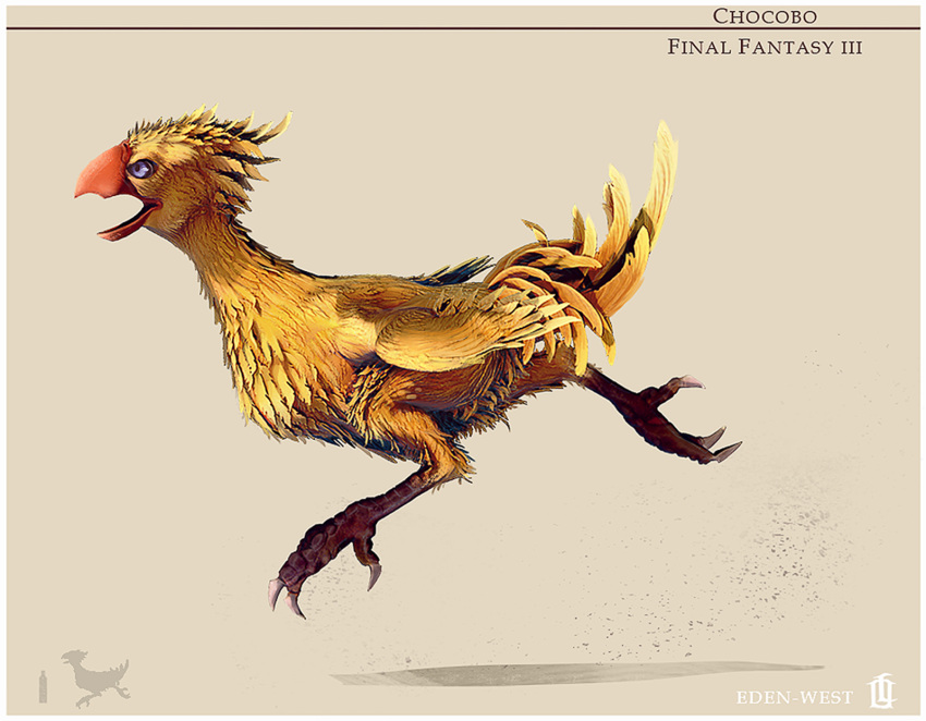 artist_name blue_eyes character_name chocobo claws commentary copyright_name eden-west final_fantasy final_fantasy_iii height_chart highres no_humans open_mouth running solo