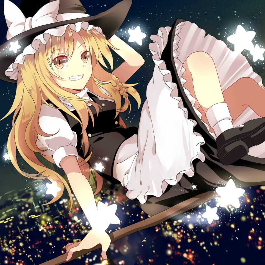 1girl apron arm_support aru_(iceland) blonde_hair bow braid broom broom_riding cityscape dress frilled_skirt frills grin hair_bow hand_on_headwear hat hat_bow highres kirisame_marisa long_hair looking_at_viewer puffy_short_sleeves puffy_sleeves reclining short_sleeves single_braid skirt smile solo star touhou turtleneck waist_apron witch_hat yellow_eyes