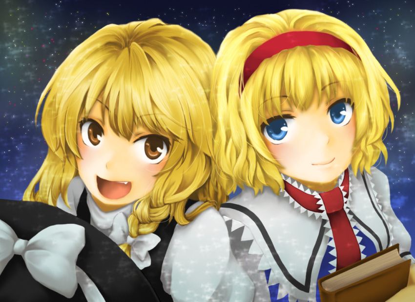 2girls alice_margatroid ascot black_dress blonde_hair blue_eyes bow braid brown_eyes dress dress_shirt hair_bow hat hat_bow hat_removed headwear_removed kirisame_marisa long_hair looking_at_viewer multiple_girls open_mouth puffy_short_sleeves puffy_sleeves shirt short_hair short_sleeves single_braid touhou vest witch witch_hat