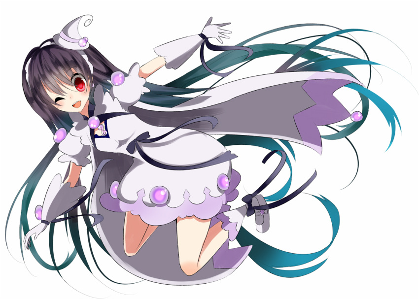 1girl boots bow bubble_skirt cape dress gloves hat kazumi_(kazumi_magica) long_hair magical_girl mahou_shoujo_kazumi_magica mahou_shoujo_madoka_magica one_eye_closed open_mouth red_eyes smile solo spoilers very_long_hair white_background witch_hat