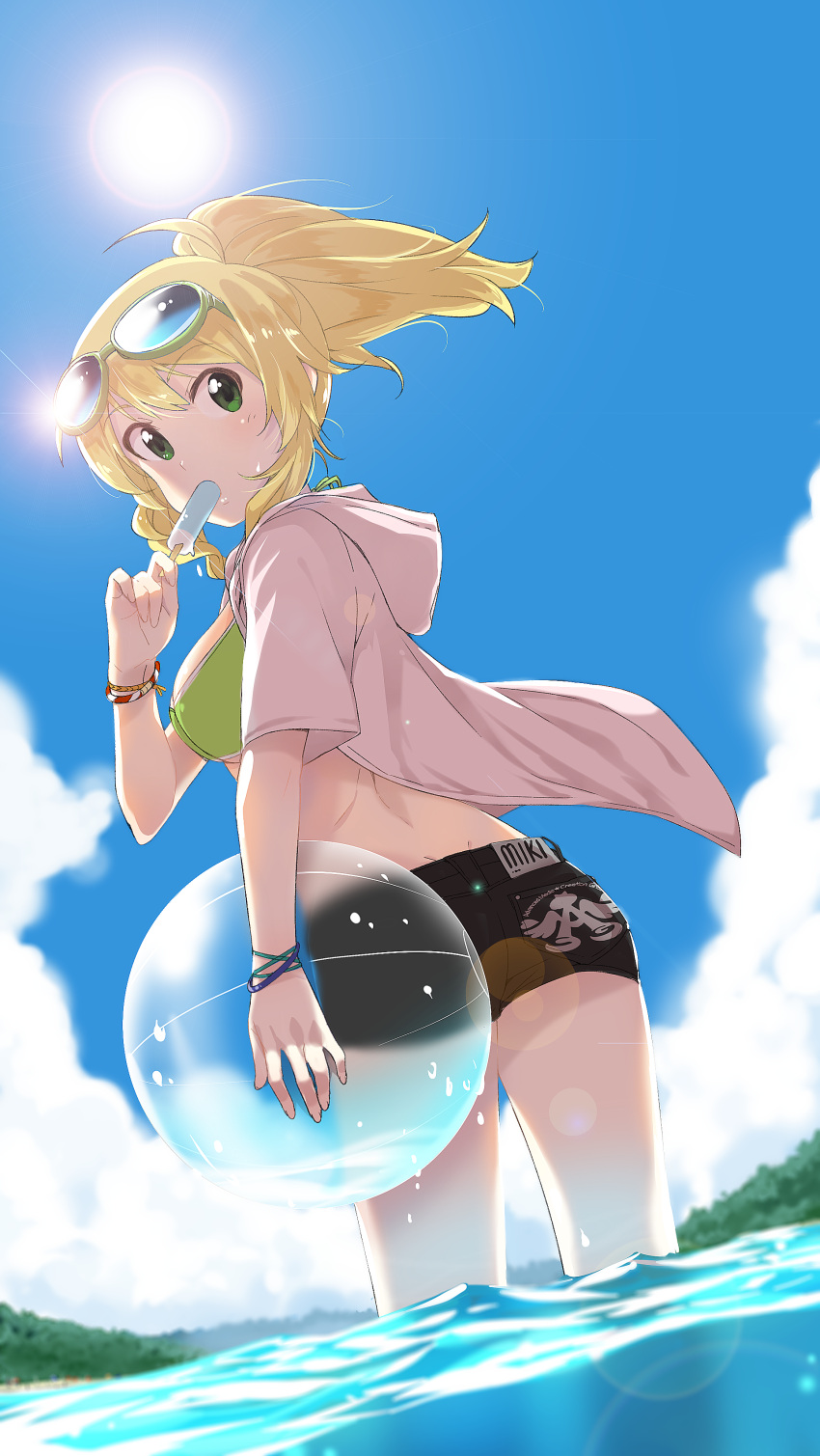 1girl absurdres beach bikini blonde_hair bracelet character_name closed_eyes eating green-framed_glasses green_bikini green_eyes gulim hair_up highres hoodie hoshii_miki idolmaster jewelry open_clothes open_shirt ponytail popsicle short_hair short_ponytail short_sleeves sky solo sunglasses sunglasses_on_head swimsuit wading water