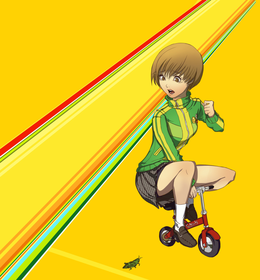 1girl bicycle brown_eyes brown_hair cockroach funny green_jacket highres houndstooth insect loafers miniature persona persona_4 riding satonaka_chie scared school_uniform shoes short_hair skirt socks solo track_jacket unsomnus