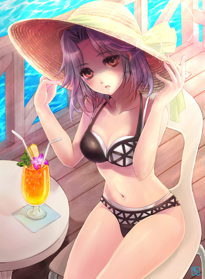 1girl aosuna bikini drink hands_on_headwear hat highres kajiki_yumi navel purple_hair red_eyes saki straw_hat sun_hat swimsuit
