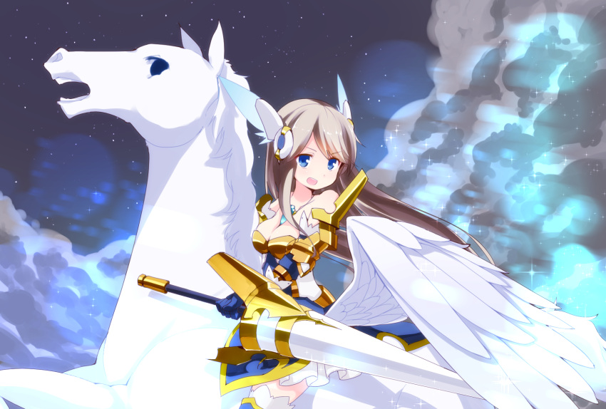 &gt;:d 1girl :d armor armored_dress blue_eyes breasts brown_hair cleavage exrail headgear highres holding jewelry lance long_hair open_mouth original pegasus pendant polearm riding smile solo sword thigh-highs weapon wind wings zettai_ryouiki