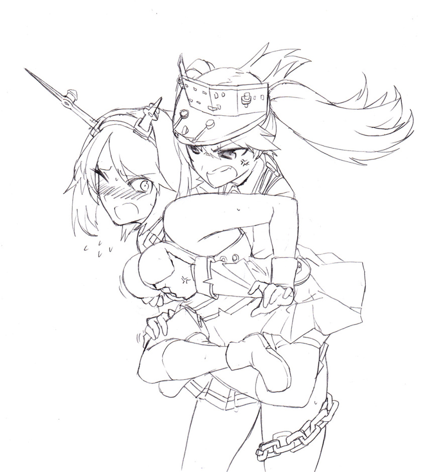 2girls blew_andwhite blush breast_envy breast_grab chain hat headgear highres kantai_collection lineart monochrome multiple_girls mutsu_(kantai_collection) open_mouth piggyback ryuujou_(kantai_collection) short_hair sketch skirt twintails winks