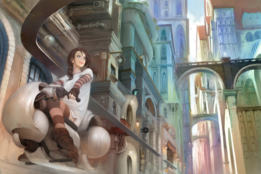 1girl boots building fingerless_gloves gloves highres landscape mujiha_(mlog) original thigh-highs