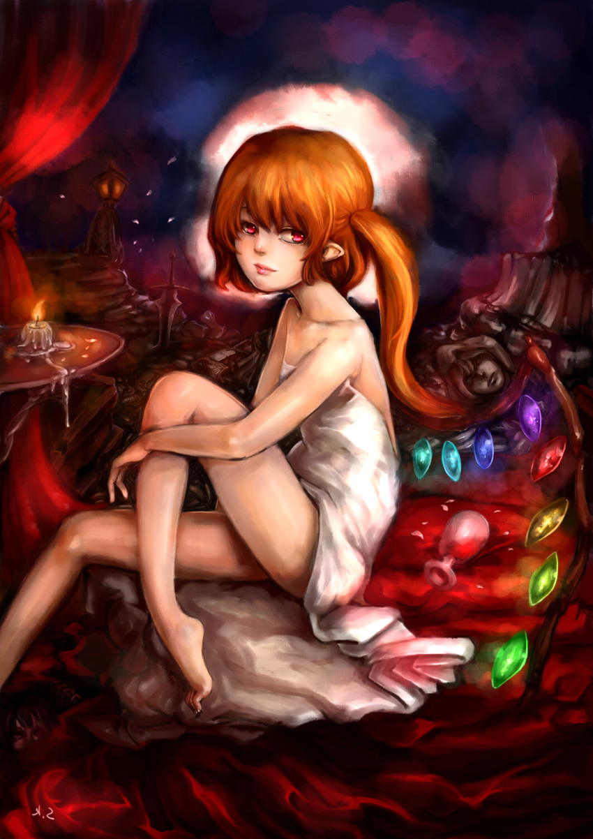 1girl absurdres alternate_costume bare_legs barefoot broken broken_sword broken_weapon candle cup curtains expressionless flandre_scarlet for_the_flandre glowing highres knee_up leg_hug lips looking_at_viewer naked_towel orange_hair planted_sword planted_weapon pointy_ears red_eyes ruins short_hair side_ponytail solo statue stone_lantern sword table touhou towel weapon wine_glass wings