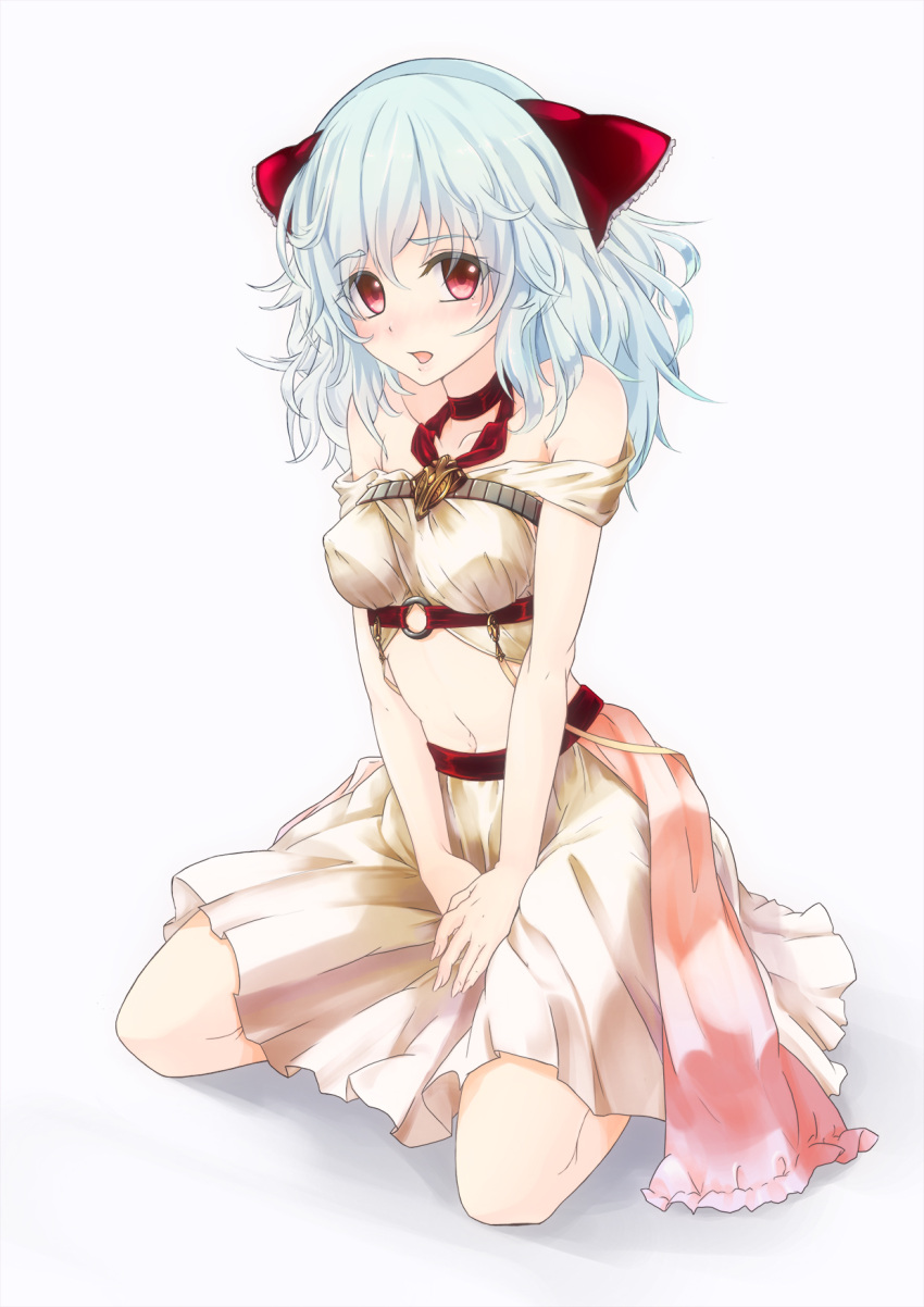 1girl blue_hair blush dress felice_qaddaf highres looking_at_viewer midriff navel open_mouth original red_eyes solo