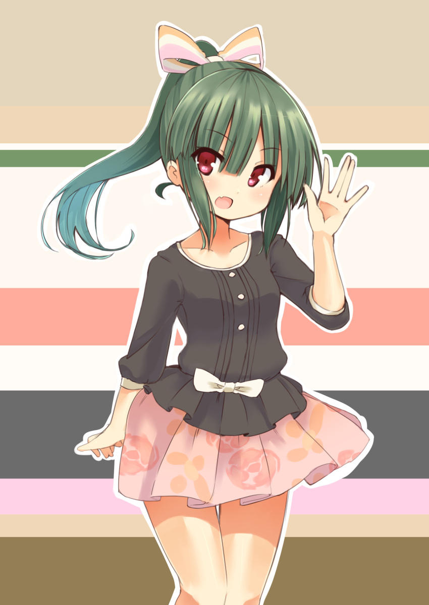 1girl absurdres bow casual exrail green_hair hair_bow hair_ornament hair_ribbon highres long_hair looking_at_viewer open_mouth original pleated_skirt ponytail red_eyes ribbon skirt solo waving