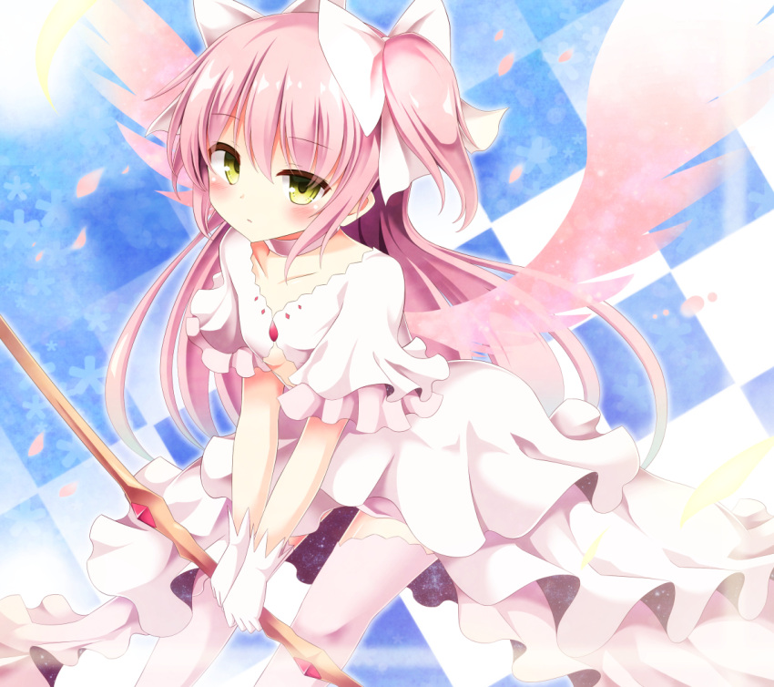 1girl bow_(weapon) choker collarbone dress gloves goddess_madoka hair_bobbles hair_ornament kaname_madoka looking_at_viewer mahou_shoujo_madoka_magica pen-zin petals pink_hair pink_legwear pink_wings short_sleeves solo thigh-highs tile_background two_side_up v_arms weapon white_dress white_gloves wide_sleeves wings yellow_eyes zettai_ryouiki