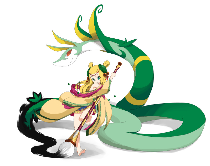 1girl absurdres bare_shoulders barefoot blonde_hair calligraphy_brush chiko_(pikapuff) chinese_clothes crossover green_eyes hair_ornament hair_rings highres ink long_hair meimei_(p&amp;d) paintbrush pokemon pokemon_(creature) pokemon_(game) pokemon_bw puzzle_&amp;_dragons serperior smile turtle_shell