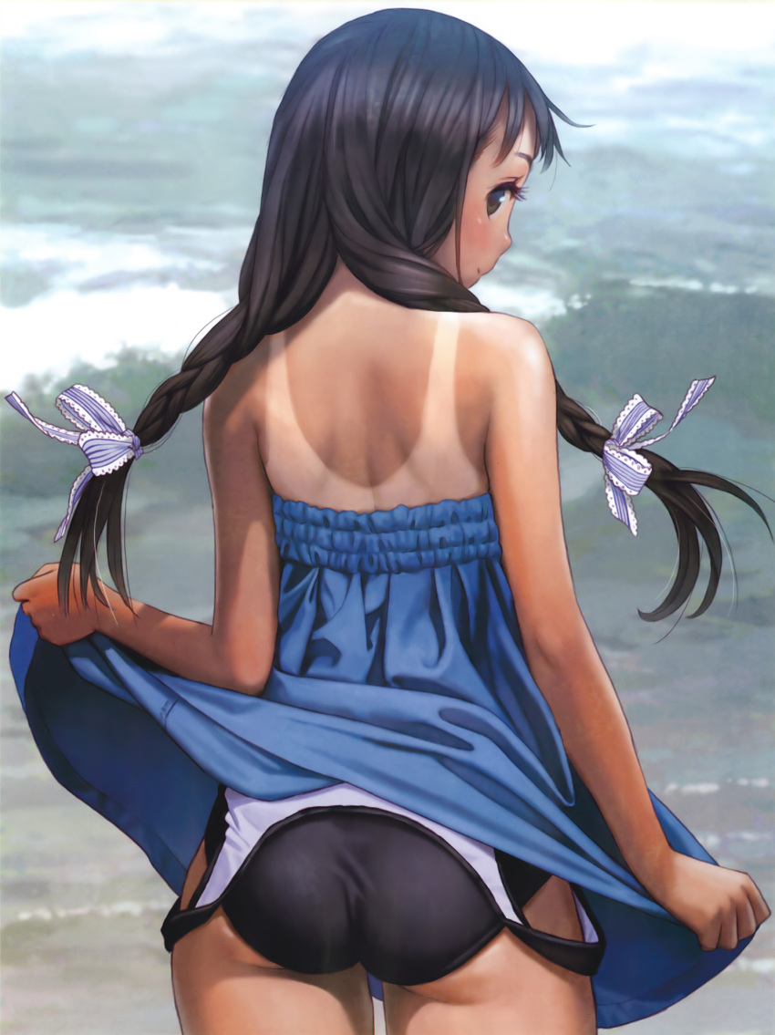 1girl ass bare_shoulders black_hair blue_dress blush braid brown_eyes dress from_behind hair_ribbon highres long_hair looking_back murata_renji one-piece_tan original ribbon scan skirt skirt_lift smile solo swimsuit swimsuit_under_clothes tan tanline twin_braids