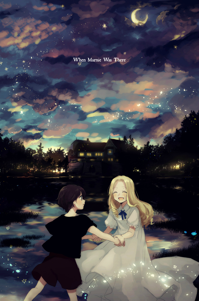 2girls anna_(omoide_no_marnie) blonde_hair brown_hair canarinu closed_eyes clouds copyright_name crescent_moon dress drill_hair evening happy highres holding_hands house long_hair marnie moon multiple_girls night omoide_no_marnie petals short_hair sky sunset tree twilight white_dress