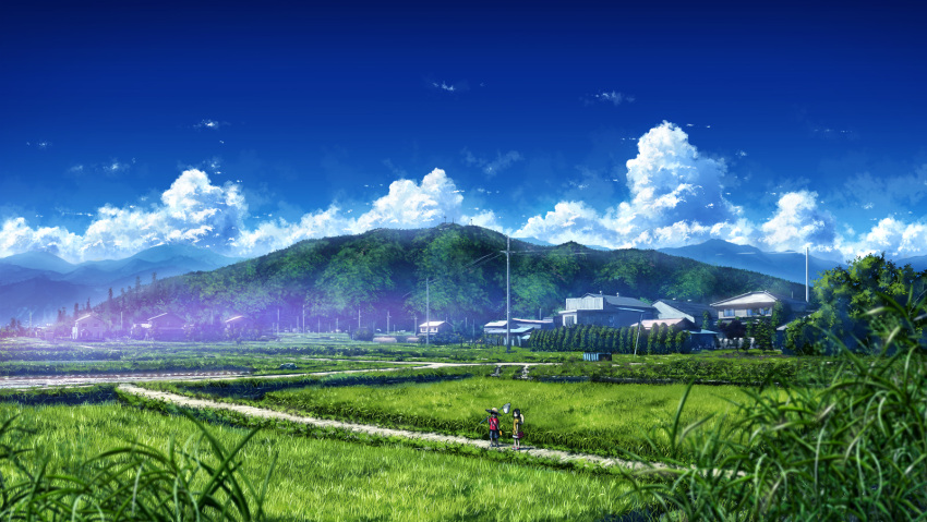1boy 1girl black_hair bokuden bug_net child clouds field grass hat highres hill house long_hair mountain net original path power_lines rice_paddy road scenery short_hair sky straw_hat summer telephone_pole village