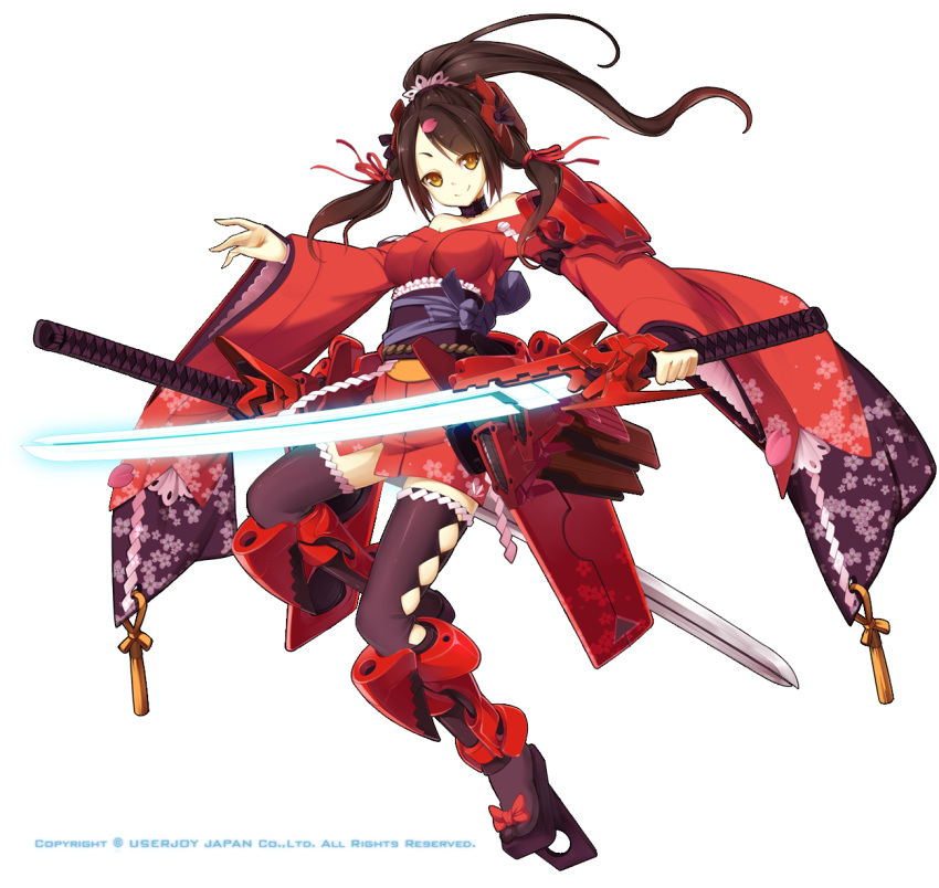1girl geta hair_ribbon highres japanese_clothes katana kimono long_hair long_sleeves ribbon sword tagme thigh-highs weapon