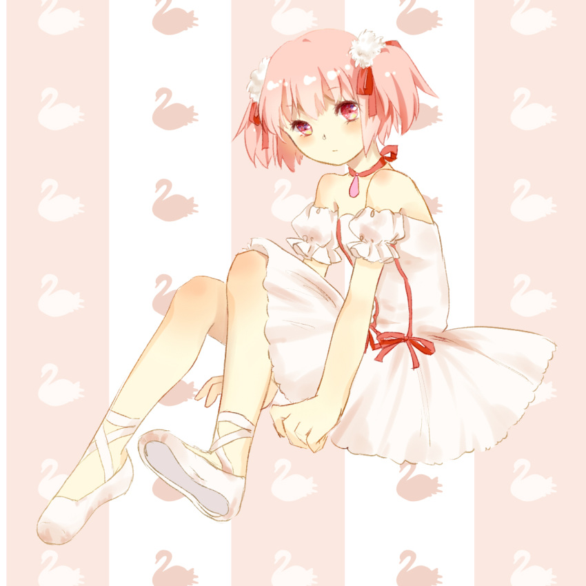 1girl ballet_slippers bare_shoulders detached_sleeves dress kaname_madoka looking_at_viewer mahou_shoujo_madoka_magica pink_eyes pink_hair puffy_detached_sleeves puffy_sleeves short_hair short_twintails solo twintails