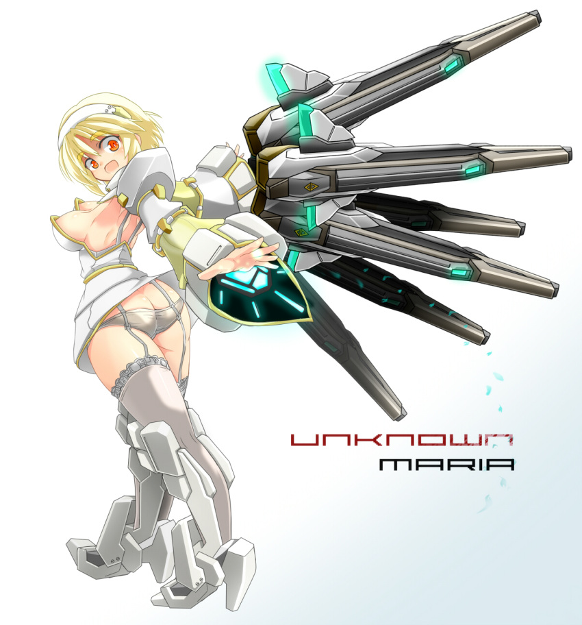 1girl alternate_color armpits ass bare_shoulders black_legwear black_panties blonde_hair breasts butt_crack densou_tenshi_valforce detached_sleeves dress from_behind funnels garter_straps hairband highres karukan_(monjya) lace lace-trimmed_thighhighs looking_back mecha_musume open_mouth orange_eyes outstretched_hand panties platinum_blonde rikudou_maria short_hair sideboob smile solo strapless_dress thigh-highs underwear upskirt
