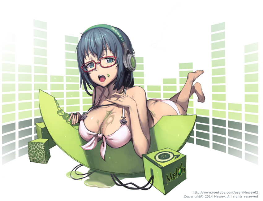 1girl ass barefoot bikini black_hair blue_eyes breasts butt_crack cleavage food fruit glasses headphones large_breasts looking_at_viewer melon melon-chan newey open_mouth original pink_bikini short_hair solo swimsuit