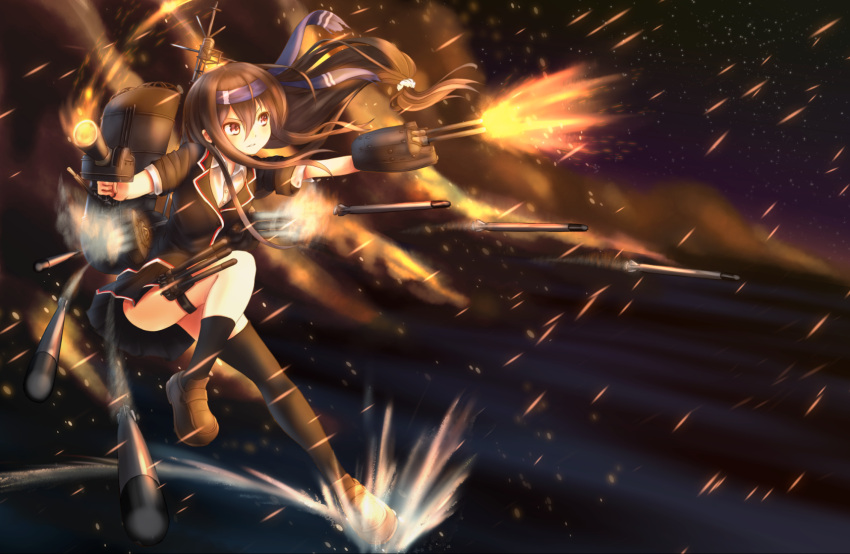 1girl black_hair cannon firing ginger_(syoga) hatsushimo_(kantai_collection) headband highres kantai_collection kneehighs long_hair machinery night pleated_skirt school_uniform scrunchie shoes single_kneehigh single_thighhigh skirt standing standing_on_water thigh-highs torpedo turret