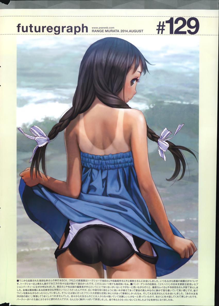 1girl absurdres ass braid highres looking_back murata_renji ocean school_swimsuit solo swimsuit tan tanline twin_braids twintails water