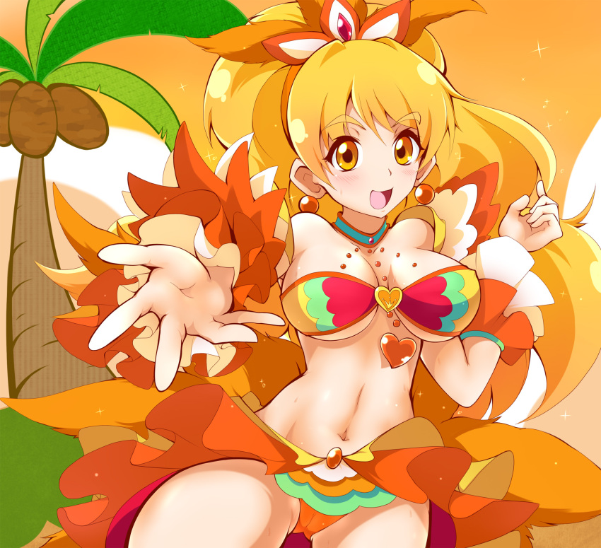 1girl alternate_form ashita_wa_hitsuji blonde_hair blush breasts choker cleavage coconut coconut_samba cure_honey detached_sleeves earrings eyelashes hair_ornament hairband happinesscharge_precure! happy heart highres jewelry large_breasts long_hair looking_at_viewer magical_girl navel object_namesake oomori_yuuko open_mouth orange_skirt palm_tree ponytail precure skirt smile solo tagme tree yellow_eyes