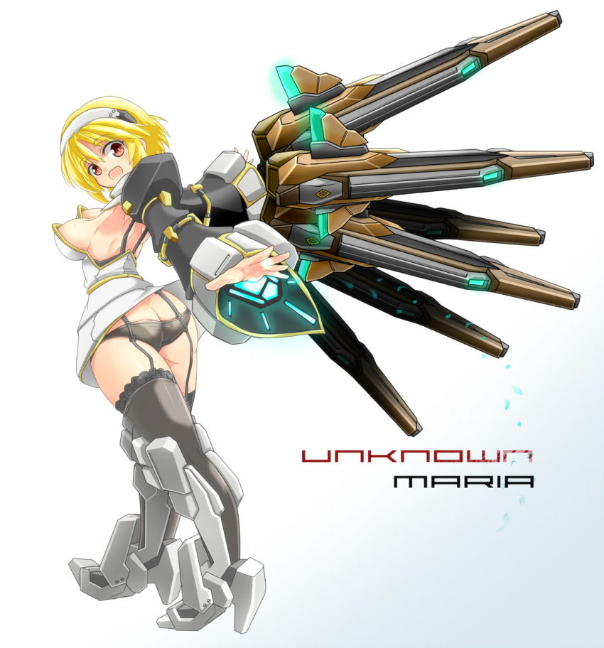 1girl armpits ass bare_shoulders black_legwear black_panties blonde_hair breasts brown_eyes butt_crack densou_tenshi_valforce detached_sleeves dress from_behind funnels garter_straps hairband highres karukan_(monjya) lace lace-trimmed_thighhighs looking_back mecha_musume open_mouth outstretched_hand panties rikudou_maria short_hair sideboob smile solo strapless_dress thigh-highs underwear upskirt