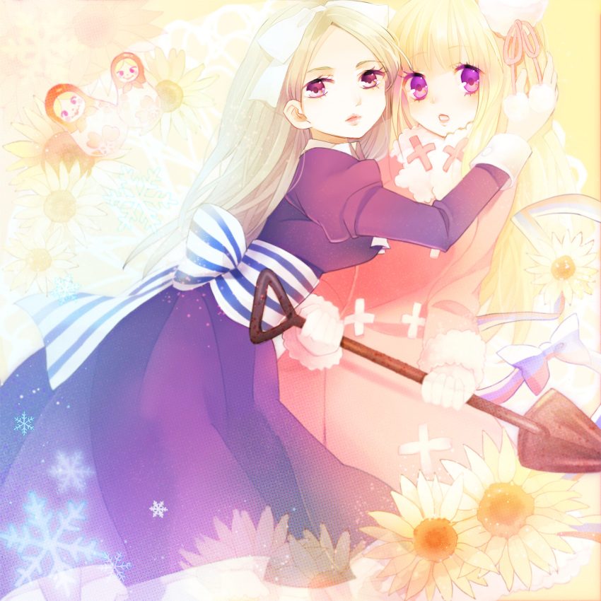 2girls :o axis_powers_hetalia belarus_(hetalia) blonde_hair bow doll dress flower fur_trim genderswap gloves hair_bow hand_on_another's_head hat highres holding lips long_hair long_sleeves looking_at_viewer matryoshka_doll multiple_girls open_mouth parted_lips petticoat pink_dress pink_eyes pink_ribbon puffy_long_sleeves puffy_sleeves purple_dress q-chiang ribbon russia_(hetalia) shovel snowflakes striped striped_bow violet_eyes white_bow white_gloves worktool