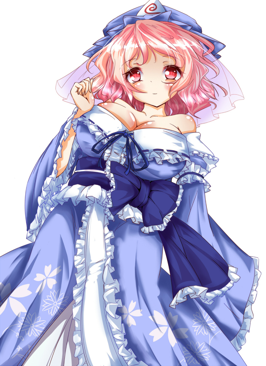 1girl aya-on_(miria00) bare_shoulders breasts cleavage fingernails highres japanese_clothes kimono large_breasts light_smile looking_at_viewer mob_cap obi off_shoulder pink_eyes pink_hair raised_hand saigyouji_yuyuko sash short_hair simple_background solo touhou triangular_headpiece white_background