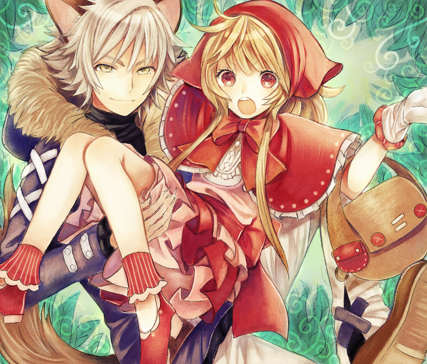 1boy 1girl animal_ears big_bad_wolf_(grimm) blonde_hair carrying claws gloves grimm's_fairy_tales hood kurodeko little_red_riding_hood little_red_riding_hood_(grimm) long_hair original princess_carry red_eyes silver_hair wolf_ears yellow_eyes