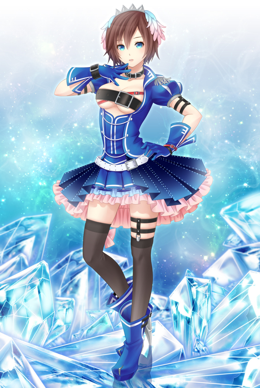 1girl asami_(undoundo) belt blue_dress blue_eyes breasts brown_hair cleavage dress feathers gloves hair_feathers hand_on_hip high_heels highres ice meiko project_diva_(series) puffy_short_sleeves puffy_sleeves short_hair short_sleeves solo thighhighs tiara underboob vocaloid