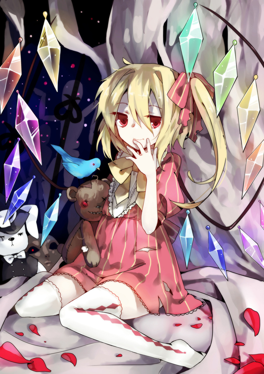 1girl absurdres adapted_costume blonde_hair comic dress flandre_scarlet hair_bobbles hair_ornament highres laevatein looking_at_viewer no_hat petals red_(girllove) red_dress side_ponytail sitting smile solo striped striped_dress stuffed_animal stuffed_bunny stuffed_toy teddy_bear thigh-highs touhou wariza white_legwear wings zettai_ryouiki