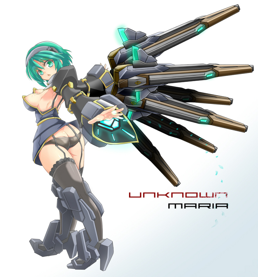 1girl alternate_color aqua_eyes aqua_hair armpits ass bare_shoulders black_legwear black_panties breasts butt_crack densou_tenshi_valforce detached_sleeves dress from_behind funnels garter_straps hairband highres karukan_(monjya) lace lace-trimmed_thighhighs looking_back mecha_musume outstretched_hand panties parted_lips rikudou_maria short_hair sideboob solo strapless_dress thigh-highs underwear upskirt
