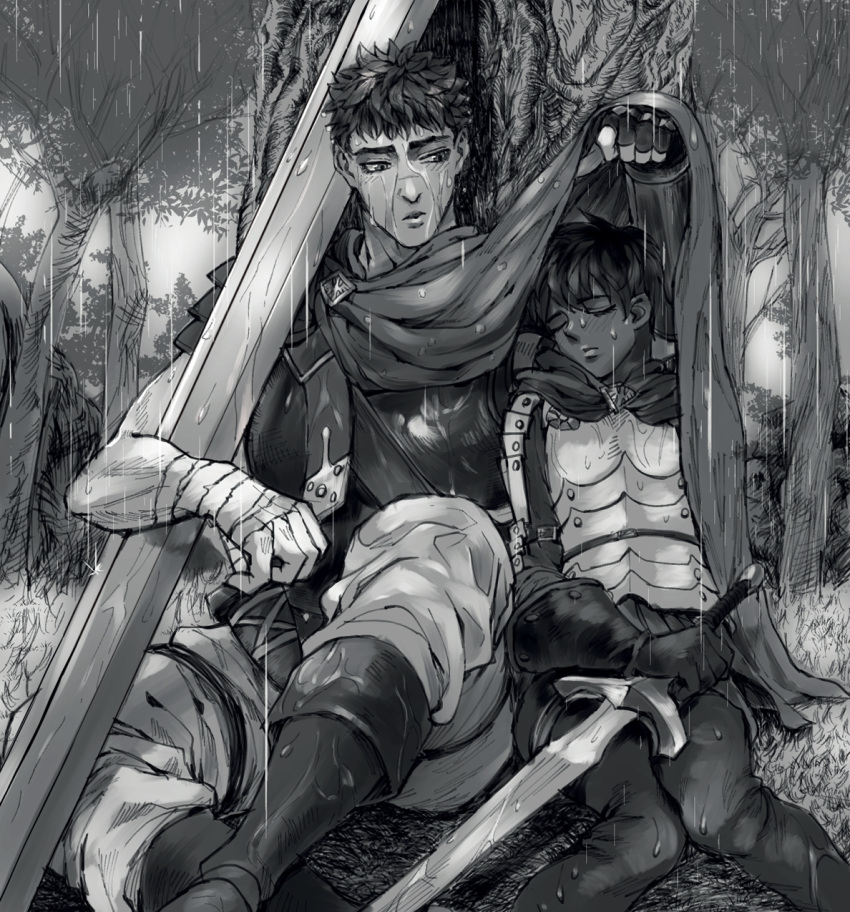 1boy 1girl armor bandages berserk black_hair blush boots cape casca closed_eyes fingerless_gloves gloves guts highres kkuwa leaning_on_object leaning_to_the_side monochrome rain short_hair sword tree weapon wet