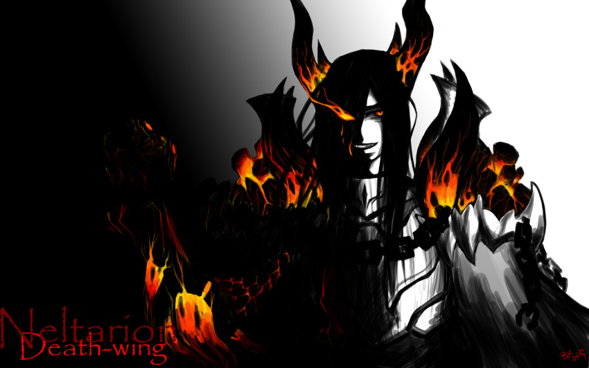 armor black_hair dark evil_grin fire glowing_eyes grin horns long_hair male neltharion red_eyes scales solo warcraft world_of_warcraft