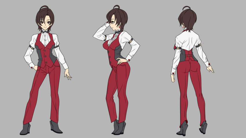 ass brown_eyes brown_hair character_sheet earrings formal high_heels hirabaru_kenji jewelry kneepits meiko pants profile shoes short_hair simple_background smile solo suit turnaround vest vocaloid