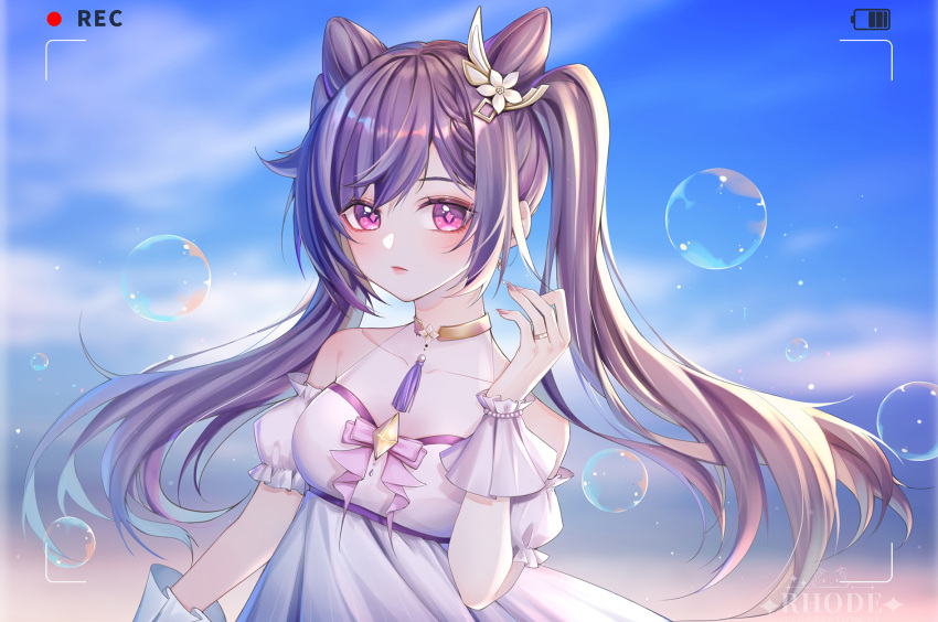 1girl artist_name bangs bare_shoulders blush breasts bubble choker collarbone commentary_request detached_sleeves diamond-shaped_pupils diamond_(shape) dress earrings fingernails framed_image genshin_impact hair_cones hand_up highres jewelry keqing_(genshin_impact) long_hair looking_at_viewer medium_breasts nail_polish purple_hair purple_nails rhode short_sleeves solo symbol-shaped_pupils twintails upper_body violet_eyes white_dress wrist_cuffs yellow_choker