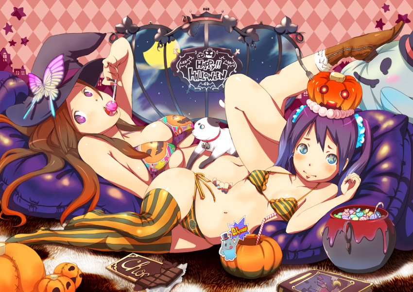 bikini boots breasts brown_hair butterfly candy cat flat_chest food_themed_clothes halloween hat hips jack-o'-lantern jack-o-lantern large_breasts legs lips lollipop long_hair lying multiple_girls on_side original panties pinky_out print_bikini pumpkin purple_eyes purple_hair side-tie_bikini star striped striped_bikini striped_panties striped_swimsuit swimsuit twintails underwear utu vertical-striped_legwear vertical_stripes violet_eyes wakon witch_hat