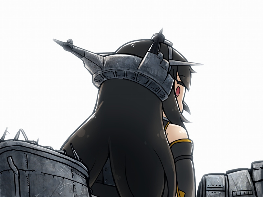 1girl black_hair comic headgear kantai_collection long_hair looking_at_viewer looking_back nagato_(kantai_collection) red_eyes simple_background solo tanaka_kusao white_background