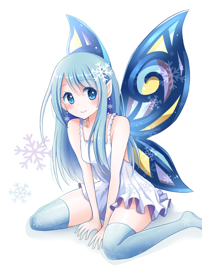 1girl blue_eyes blue_hair blue_legwear blush butterfly_wings dress fairy hair_ornament highres long_hair looking_at_viewer original pointy_ears simple_background sitting smile snowflake_hair_ornament snowflake_print snowflakes snowmi solo symbol-shaped_pupils thigh-highs wariza white_background white_clothes wings zettai_ryouiki