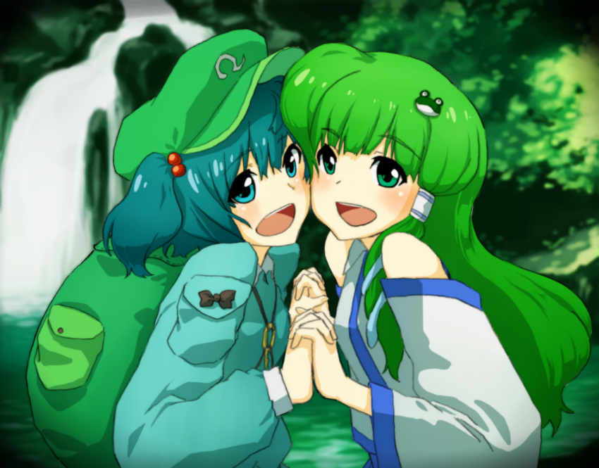 2girls backpack bag bare_shoulders blue_eyes blue_hair blush bust detached_sleeves dress forest frog_hair_ornament green_eyes green_hair hair_bobbles hair_ornament hair_tubes hands_clasped hands_together hat kawashiro_nitori key kochiya_sanae long_hair long_sleeves looking_at_viewer multiple_girls nature open_mouth pocket ribbon rock shiratama_(hockey) short_hair short_twintails snake_hair_ornament touhou twintails water waterfall