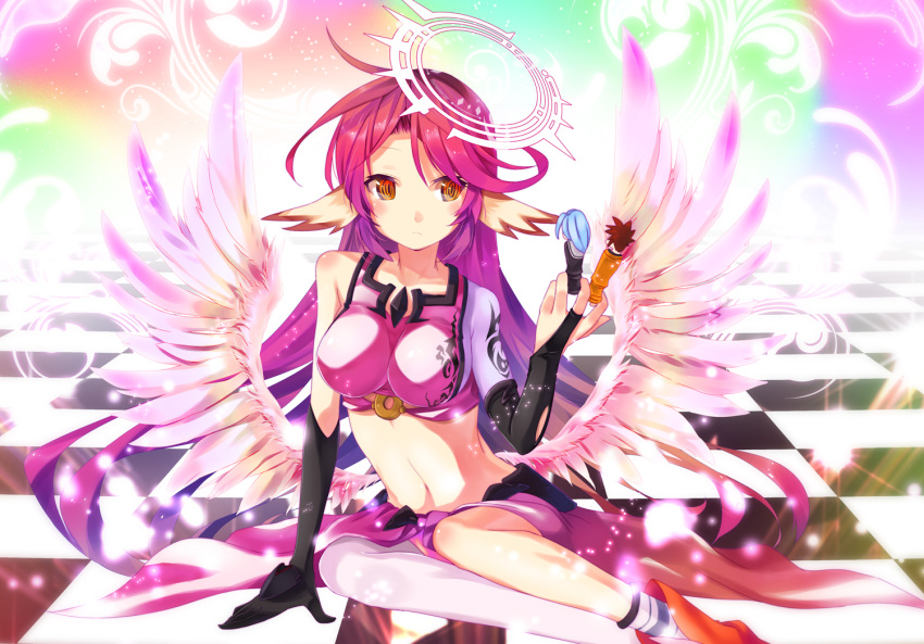 1girl 2mota :&lt; bangs bare_shoulders black_gloves bridal_gauntlets checkered checkered_floor chess_piece colorful elbow_gloves expressionless feathered_wings floor full_body gloves gradient_hair halo impossible_clothes jibril_(no_game_no_life) long_hair low_wings midriff mismatched_gloves mismatched_legwear multicolored_hair navel no_game_no_life orange_eyes parted_bangs pink_hair purple_hair ringed_eyes shiny shiny_clothes shiny_hair shiny_skin shiro_(no_game_no_life) single_sock single_thighhigh sitting socks solo_focus sora_(no_game_no_life) tareme tattoo thigh-highs very_long_hair white_wings wing_ears wings yokozuwari