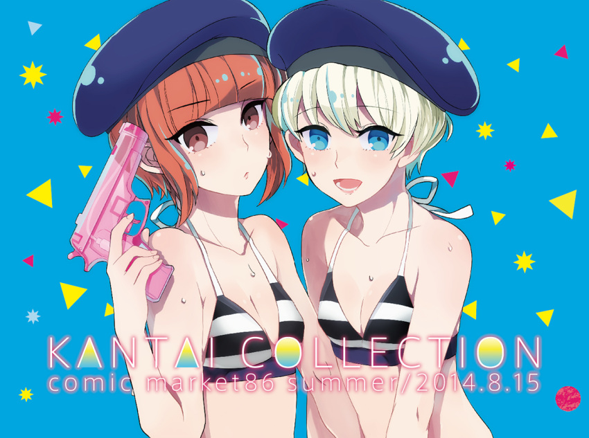 2girls beret bikini blue_background blue_eyes breasts brown_eyes brown_hair cleavage collarbone comiket_86 dated gun hat holding kantai_collection multiple_girls oniku0430 open_mouth ribbon short_hair silver_hair small_breasts smile swimsuit text water_gun weapon wet white_ribbon z1_leberecht_maass_(kantai_collection) z3_max_schultz_(kantai_collection)