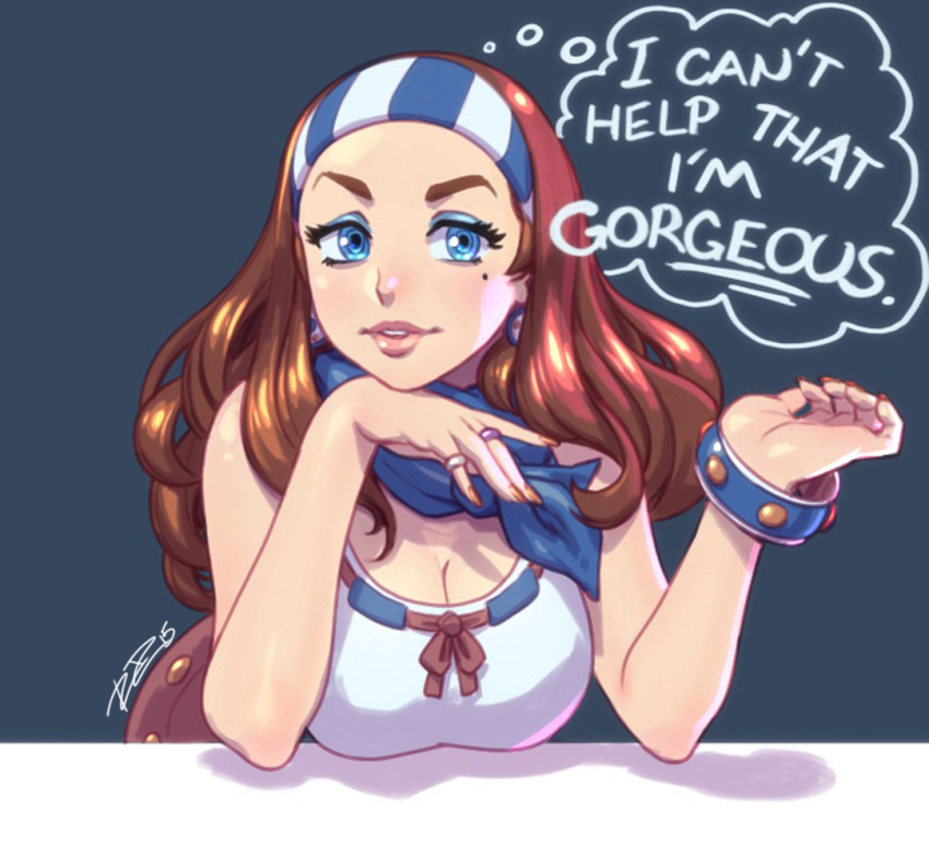 1girl bare_shoulders bliss_barson blue_eyes bracelet breasts brown_hair cleavage cryamore earrings english eyebrows eyeshadow hairband jewelry large_breasts leaning_forward lips long_hair makeup mole neckerchief ring robert_porter sleeveless solo thought_bubble