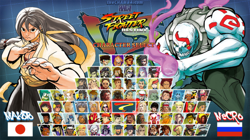 alternate_hair_length alternate_hairstyle borrowed_character breasts character_select cleavage dougi fighting_game fighting_stance grey_hair hakama highres japanese_clothes jeffrey_cruz long_hair low-tied_long_hair makoto_(street_fighter) necro_(street_fighter) no_pupils older scarf street_fighter street_fighter_iii street_fighter_iii:_3rd_strike tattoo watermark web_address what_if yellow_eyes