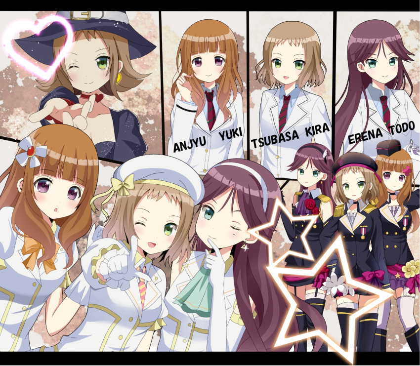 3girls :d a-rise bare_shoulders beret blush brown_hair earrings elbow_gloves flower gloves green_eyes hair_flower hair_ornament hairband hat highres idol jewelry kira_tsubasa long_hair looking_at_viewer love_live!_school_idol_project mole montage multiple_girls one_eye_closed open_mouth outstretched_arm pointing pointing_at_viewer private_wars purple_hair ryoutan shocking_party short_hair skirt sleeveless smile thigh-highs toudou_erena violet_eyes white_gloves witch witch_hat yuuki_anju