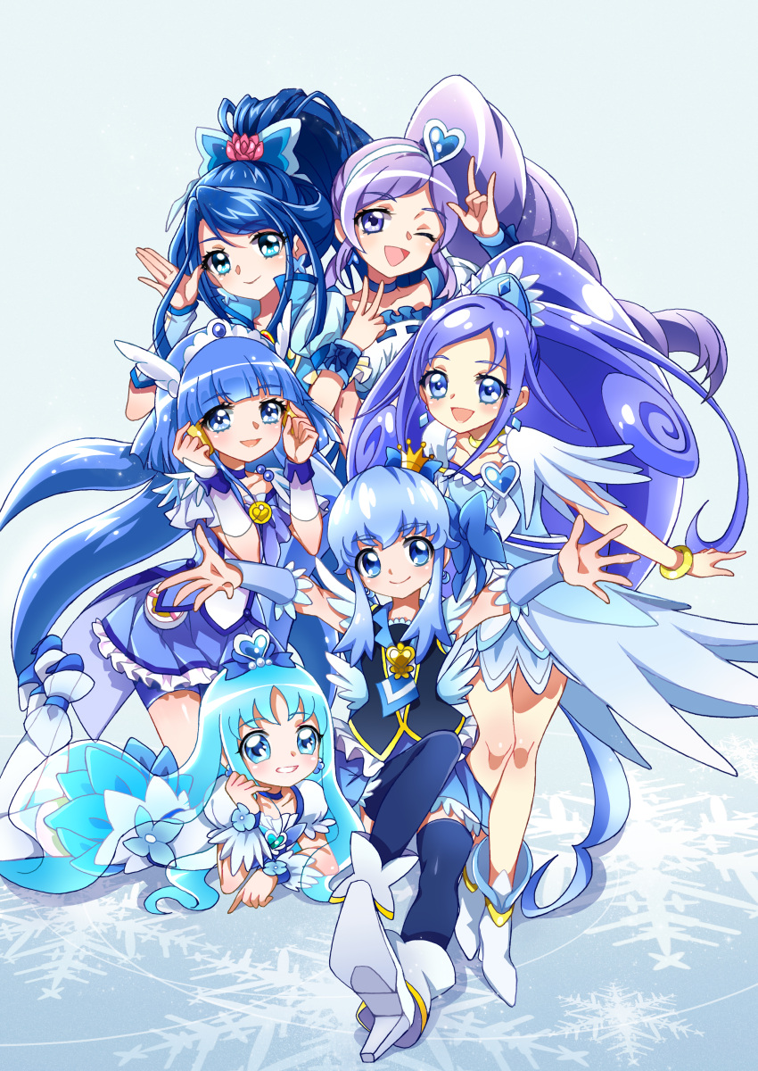 6+girls ;d \m/ absurdres aoki_reika aono_miki bike_shorts black_legwear blue_eyes blue_hair blue_skirt bracelet brooch butterfly_hair_ornament choker color_connection crown cure_aqua cure_beauty cure_berry cure_diamond cure_marine cure_princess curly_hair dokidoki!_precure fresh_precure! frills hair_color_connection hair_ornament hair_tubes hairpin happinesscharge_precure! head_wings heartcatch_precure! highres hishikawa_rikka hoshi_(xingspresent) jewelry kurumi_erika long_hair lying magical_girl minazuki_karen mini_crown multiple_girls necktie one_eye_closed open_mouth outstretched_arms payot ponytail precure purple_hair shirayuki_hime shoes shorts_under_skirt sitting skirt smile smile_precure! spread_arms standing thigh-highs tiara v violet_eyes wrist_cuffs yes!_precure_5 yes!_precure_5_gogo!