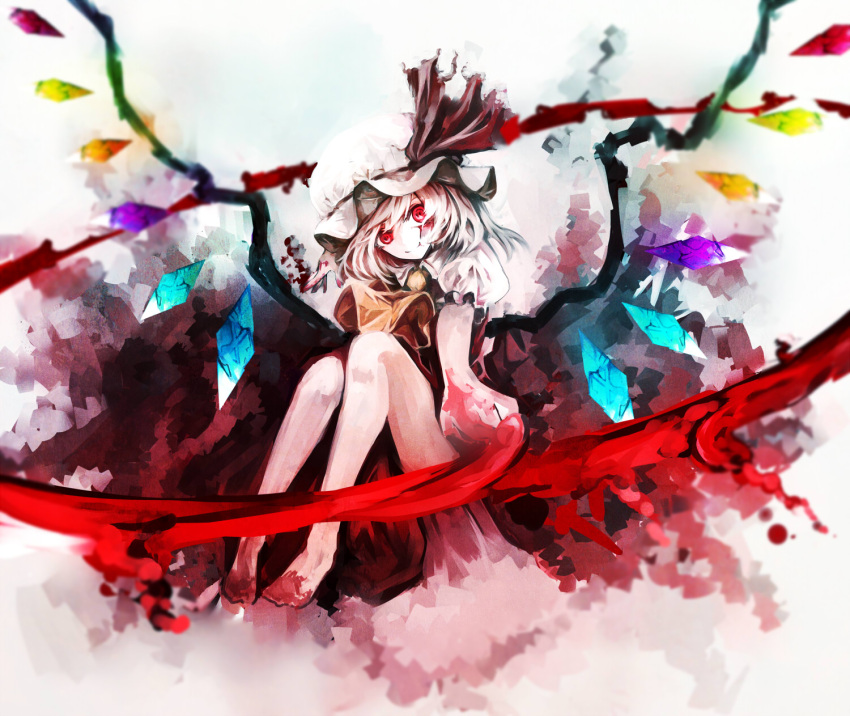 1girl ascot bare_legs barefoot blonde_hair blood bloody_feet bloody_hands chiruru96 dress flandre_scarlet hat hat_ribbon highres looking_at_viewer mob_cap puffy_short_sleeves puffy_sleeves red_dress red_eyes ribbon shirt short_sleeves sitting smile solo touhou wings