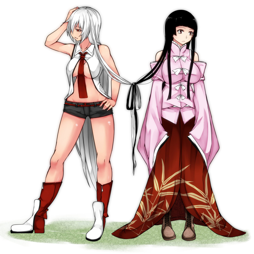2girls aoshima black_hair boots bow breasts brown_boots brown_eyes commentary_request cross-laced_footwear dress fujiwara_no_mokou hand_on_hip hand_on_own_head highres hime_cut houraisan_kaguya huge_breasts large_breasts long_hair long_sleeves looking_away multiple_girls necktie red_eyes shirt short_shorts shorts silver_hair simple_background sleeveless sleeves_past_wrists tied_hair touhou underboob very_long_hair white_background white_shirt